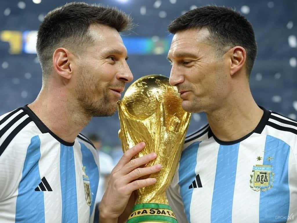 Lionel Messi y Scaloni. Sosteniendo la tan ansiada Copa del Mundo 2026.