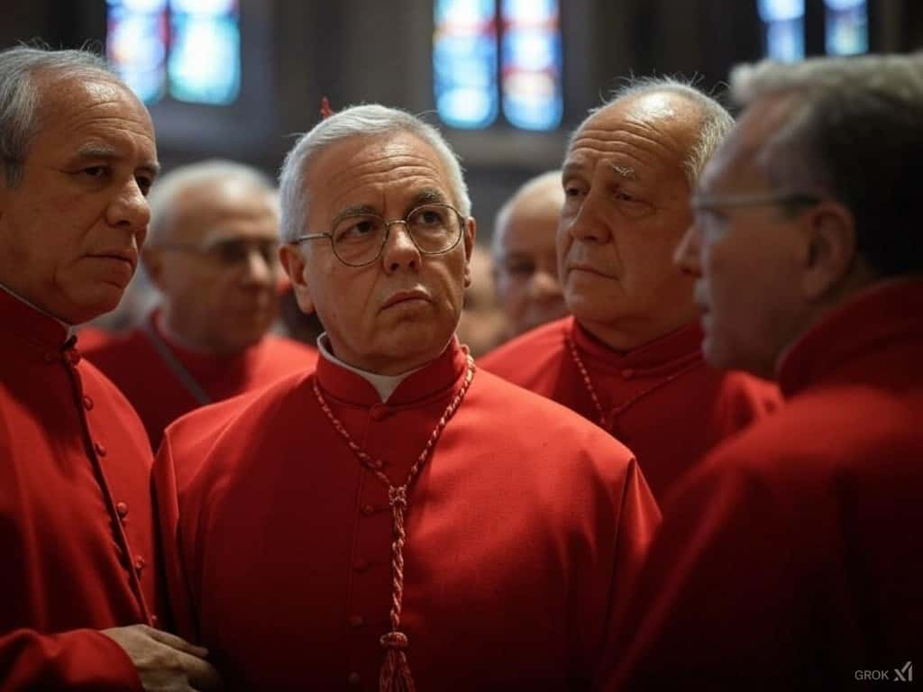 Cardenales en profunda reflexión sobre el futuro de la Iglesia en una reunión solemne.