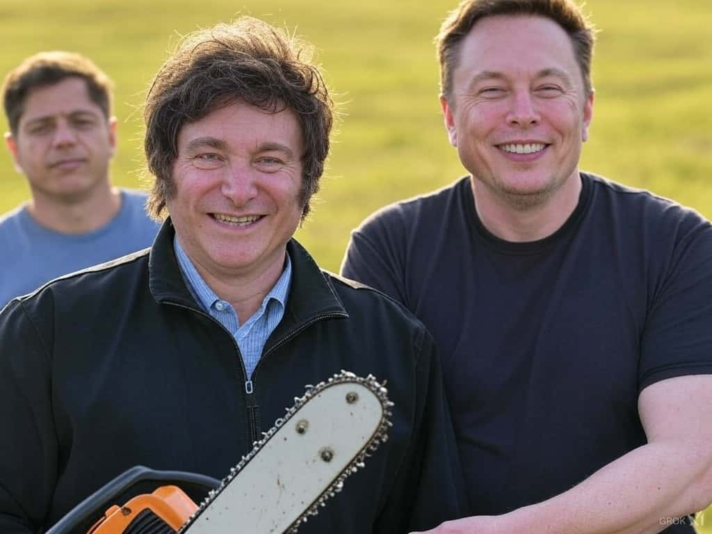 Javier Milei junto a Elon Musk y la motosierra obsequiada. Axel Kicillof envidiando de fondo.